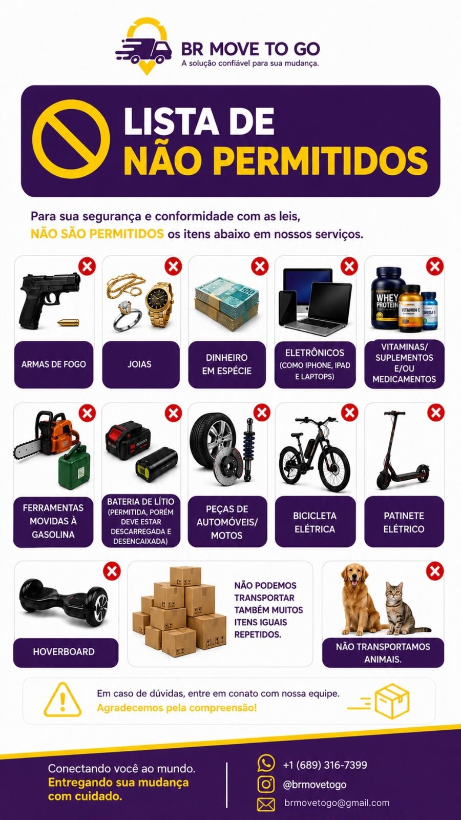 Lista visual de itens não aceitos pela BrMoveToGo